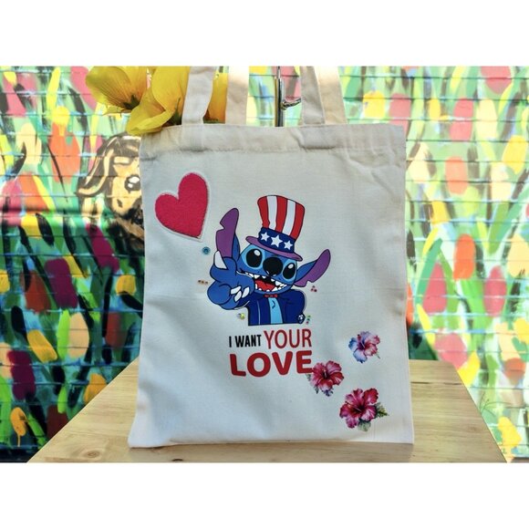 LILO & STITCH I Want Your Love Canvas Tote Bag - Custom Handmade With Chenille - Picture 1 of 7